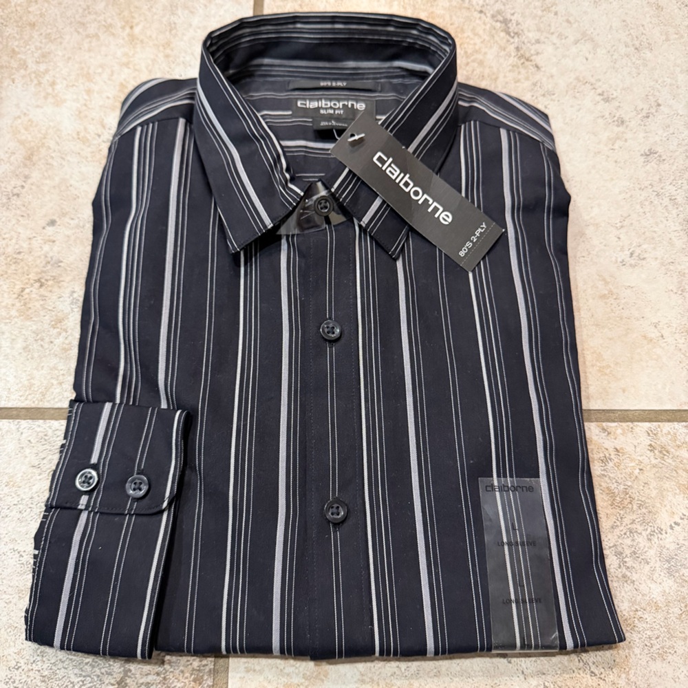 Claiborne Black and White Striped Dress Shirt